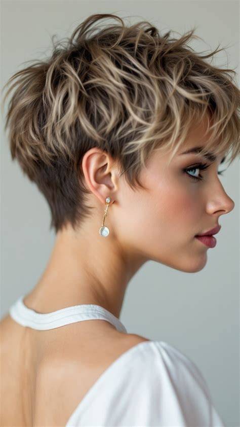 The pixie cut with dimension and texture (short layered crown)