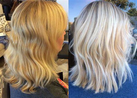 before-after brassy to icy blonde comparison