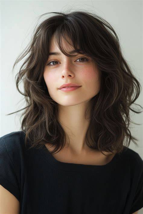 mid-length wavy hair with bangs fashion infographic