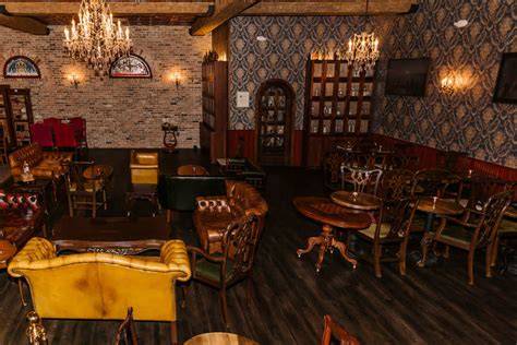 Bearded barber speakeasy entrance and interior