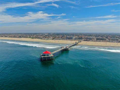 Huntington Beach coastline and pier aerial view